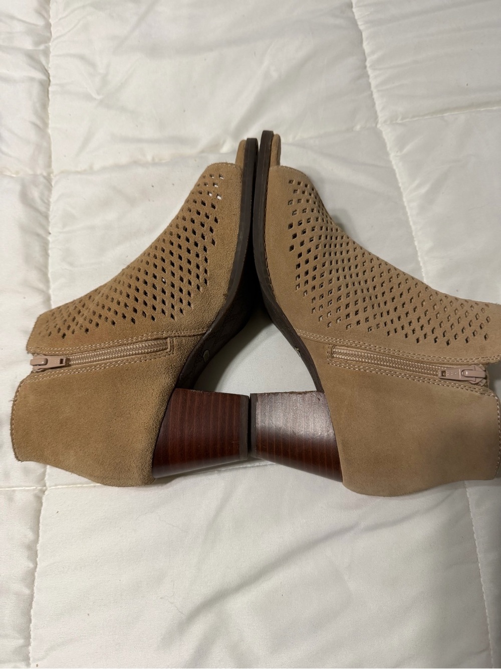 Vionic Tan Suede Perforated Peep-Toe Booties with Side Buckle - Picture 6 of 8